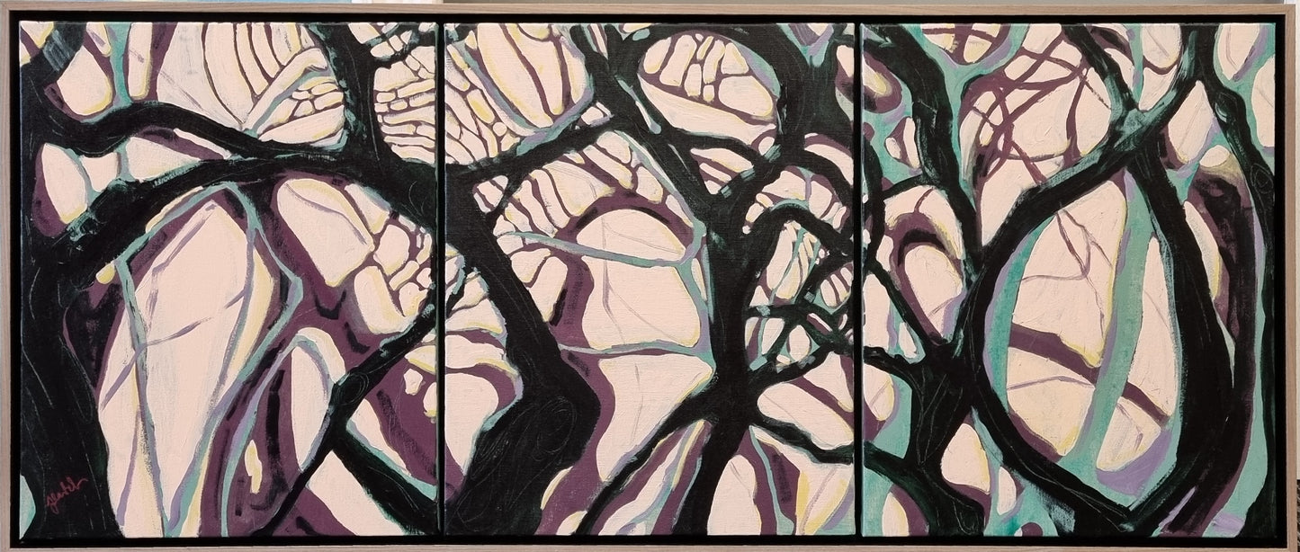 The Spaces in Between - Original framed large triptych trees painting