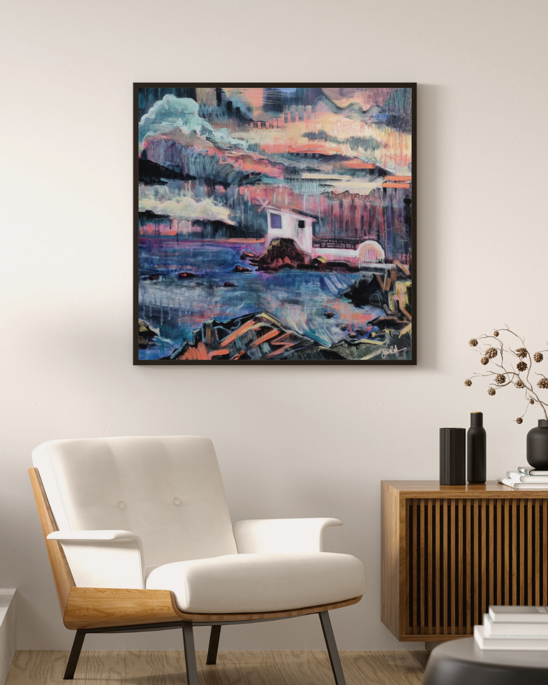 The Lookout - 80cm square pink neon abstract landscape