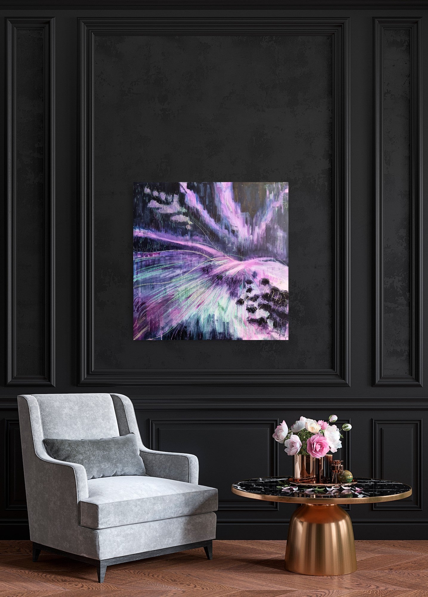 Lights Night- Large Statement Dark, Purple, Green Aurora Painting