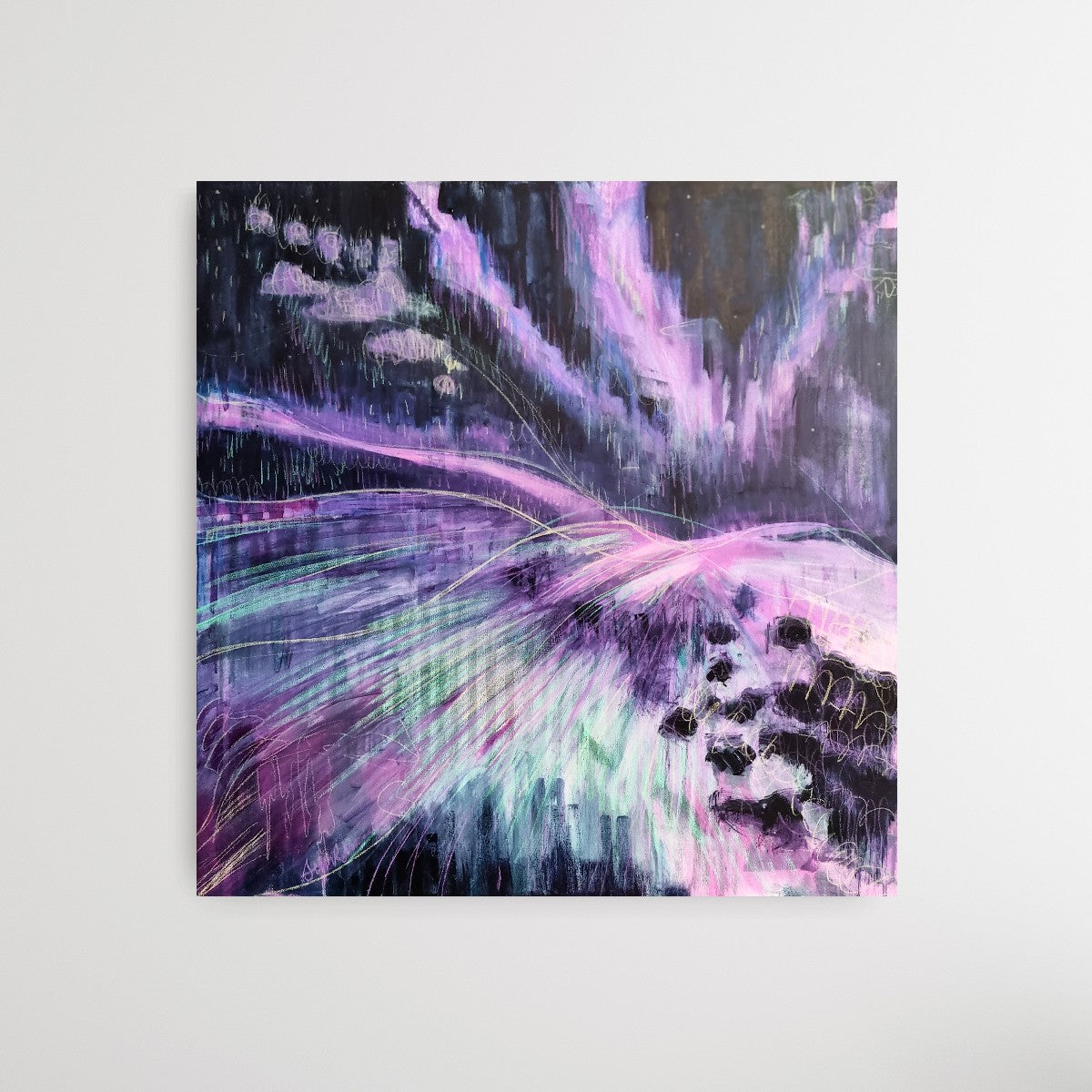 Lights Night- Large Statement Dark, Purple, Green Aurora Painting