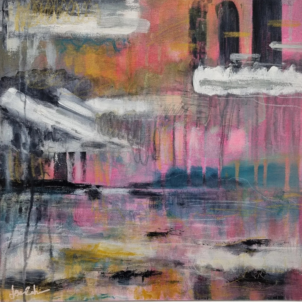 Dayglow, Original Abstract Pink Landscape Painting 40cm Square