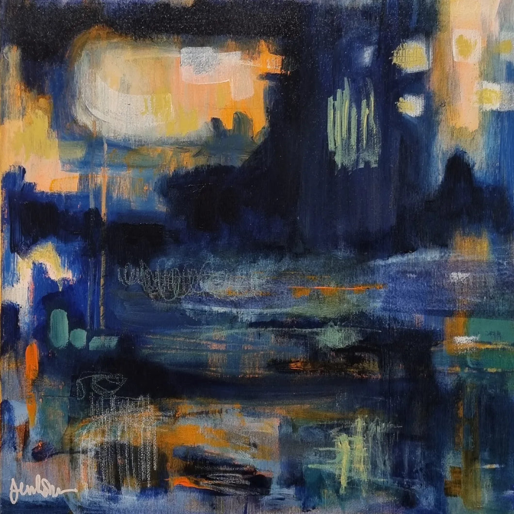 Aurora, Original Abstract Blue and Orange Landscape Painting 40cm Square