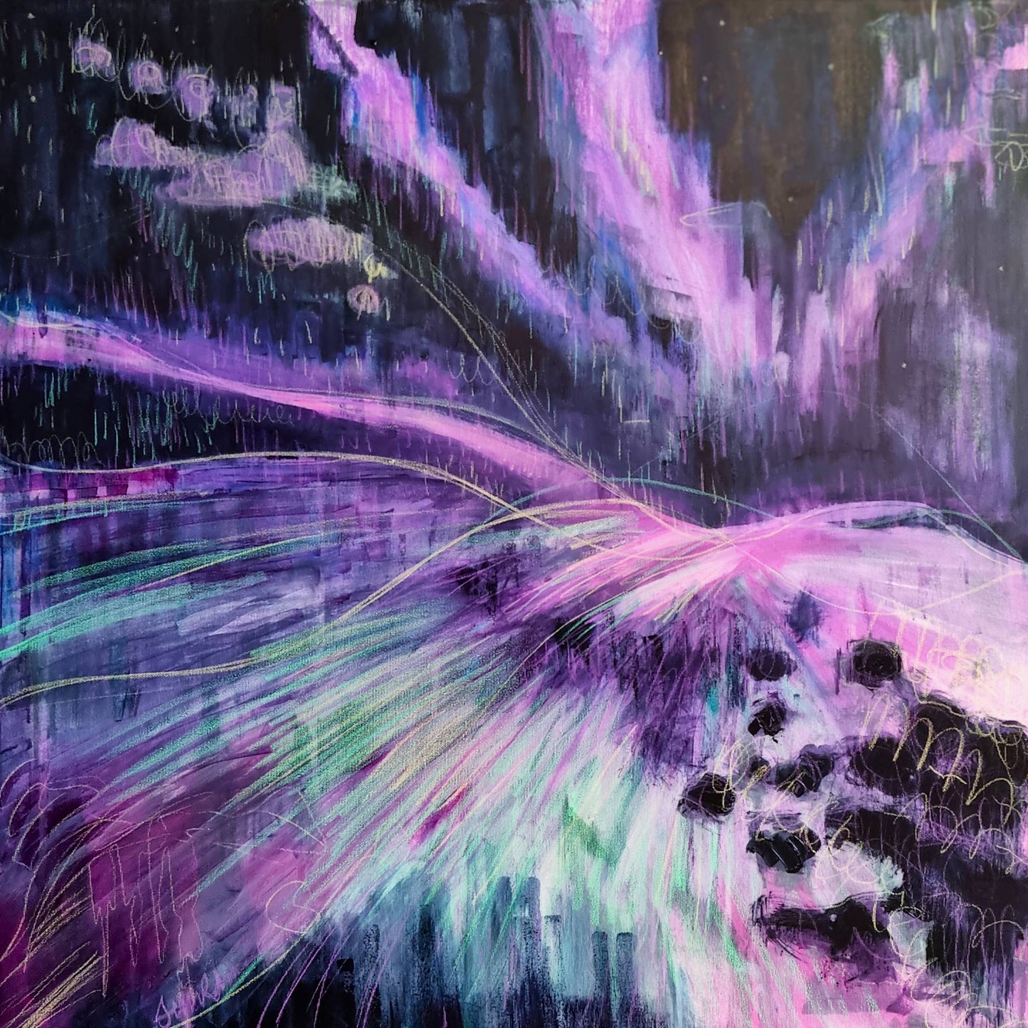 Lights Night- Large Statement Dark, Purple, Green Aurora Painting