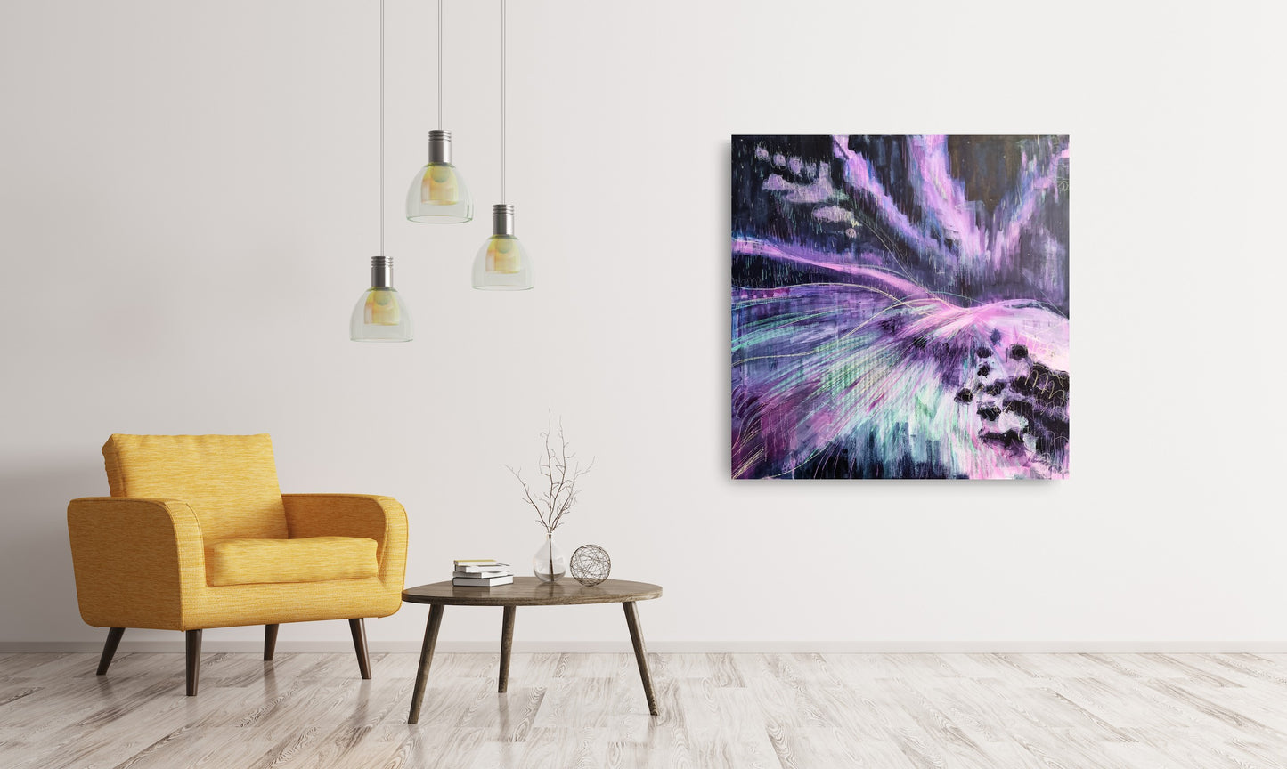 Lights Night- Large Statement Dark, Purple, Green Aurora Painting