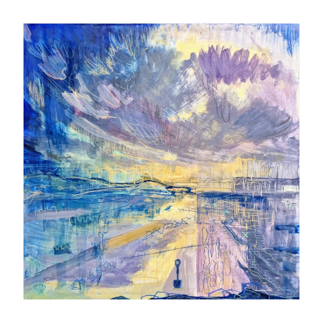 Original Acrylic & Wax Pastel Beach Sunset Painting - 30cm Square
